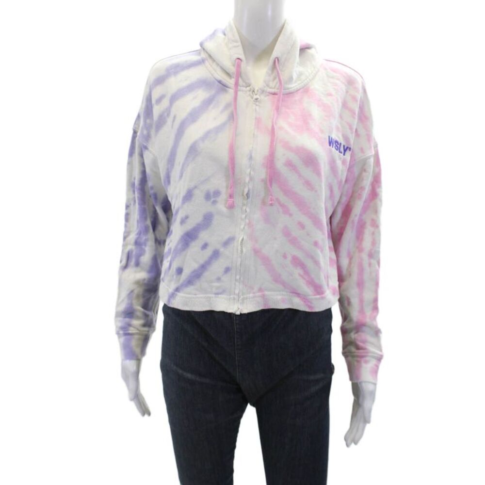 WSLY Womens Cotton Tie-Dye Cropped Long Sleeve Full Zip Hoodie White Size S